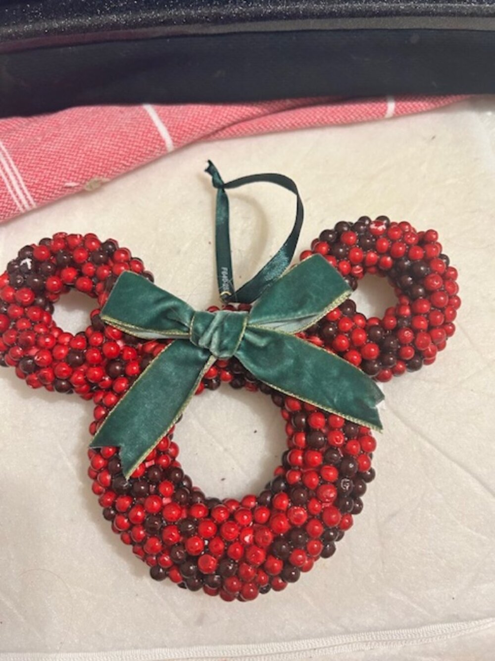 Disney Mickey Mouse Holiday Berry Wreath Ornament Red Green Bow